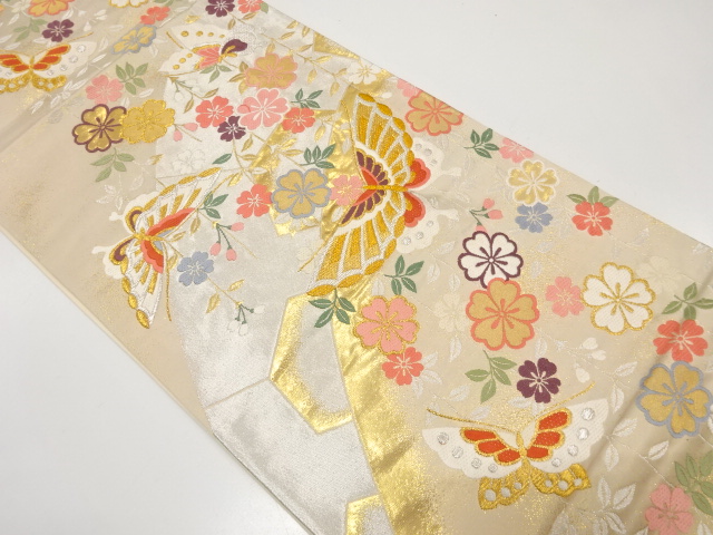 源氏車に蝶・枝垂れ桜模様織り出し　袋帯